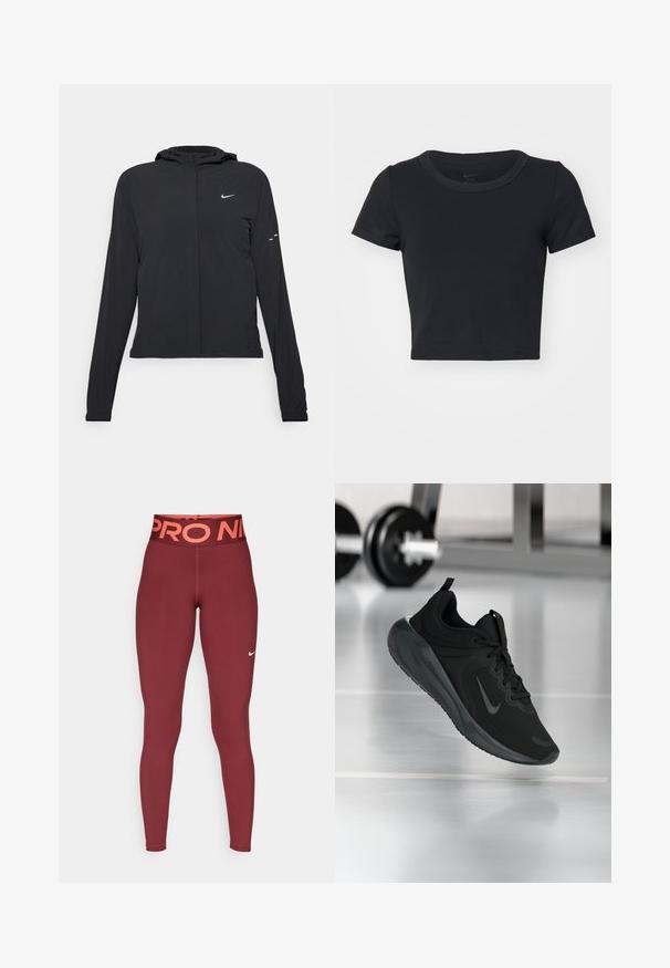 Giacca nera con cappuccio e maniche lunghe, realizzata in materiale leggero. Presenta una zip frontale, il logo Nike e accenti di design sottili.; T-shirt nera corta realizzata in tessuto morbido ed elastico. Presenta un collo rotondo e maniche corte con un design semplice.; Leggings bordeaux con una larga cintura arancione "PRO NIKE". Realizzati in tessuto elastico, presentano un piccolo logo Nike bianco sulla gamba inferiore.; Sneaker sportivo nero con logo Nike, mostrato in volo su un pavimento da palestra, con un supporto per pesi sfocato sullo sfondo.