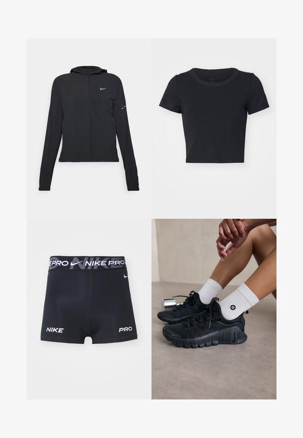 Svart hettegenser med lange ermer, laget av lett materiale. Har glidelås foran, Nike-logo og subtile design detaljer.; Svart avkortet T-skjorte laget av myk, elastisk stoff. Har rund hals og korte ermer med et enkelt design.; Nike Performance SHORT - Tights - black/iron grey/white; Svarte idrettssko med teksturert stoff, snøring og en fremtredende såle, sammen med hvite ribbestrikkede sokker med en liten logo.