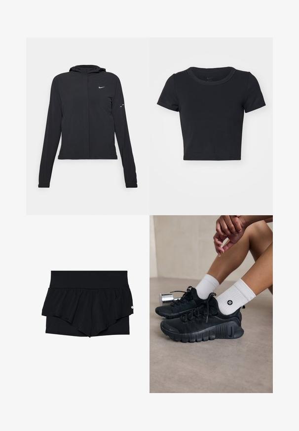 Svart hettegenser med lange ermer, laget av lett materiale. Har glidelås foran, Nike-logo og subtile design detaljer.; Svart avkortet T-skjorte laget av myk, elastisk stoff. Har rund hals og korte ermer med et enkelt design.; Sorte idrettsshorts med lagdelt volangdesign. Ytterlaget er glatt, mens det indre laget har en teksturert, perforert stoff.; Svarte idrettssko med teksturert stoff, snøring og en fremtredende såle, sammen med hvite ribbestrikkede sokker med en liten logo.