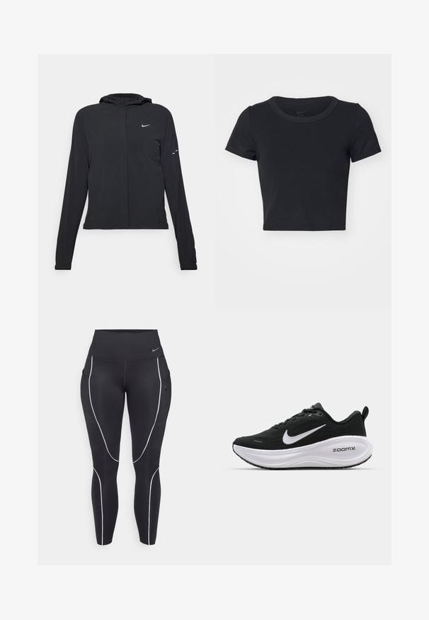 Črna kapuča s dolgimi rokavi, izdelana iz lahkega materiala. Ima sprednji zadrgo, logotip Nike in subtilne oblikovne detajle.; Črna kratka majica iz mehkega, raztegljivega materiala. Ima okroglo izrezan ovratnik in kratke rokave s preprostim dizajnom.; Črne legice z visokim pasom, belimi obrobami in stranskimi žepi. Narejene iz elastičnega materiala za udobje in gibljivost.; Nike Performance VOMERO PLUS - Tekaški copati za cesto - black/white/cool grey/metallic dark grey/summit white