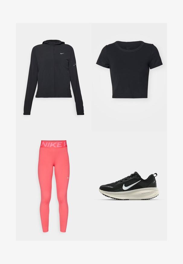 Giacca nera con cappuccio e maniche lunghe, realizzata in materiale leggero. Presenta una zip frontale, il logo Nike e accenti di design sottili.; T-shirt nera corta realizzata in tessuto morbido ed elastico. Presenta un collo rotondo e maniche corte con un design semplice.; Leggings Nike rosa con vita alta caratterizzati dal testo "NIKE", realizzati in un tessuto liscio ed elasticizzato. Include un piccolo logo bianco vicino alla caviglia.; Scarpa da corsa nera Nike con tomaia in rete traspirante, logo Swoosh bianco, dettagli testurizzati e intersuola ZoomX di colore crema.