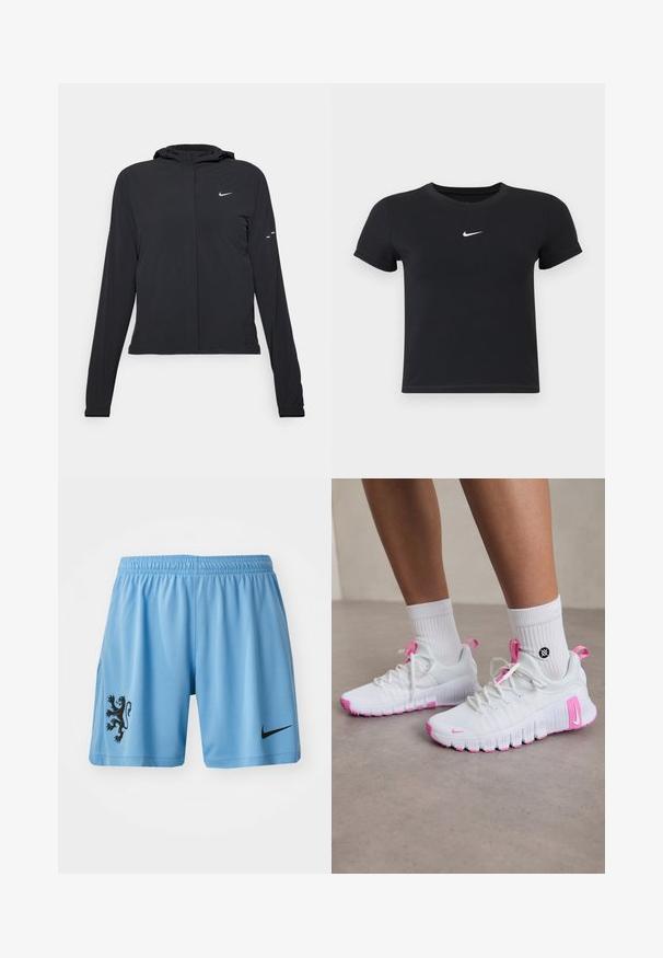 Jachetă neagră cu glugă, cu mâneci lungi, fabricată din material ușor. Dispune de un fermoar frontal, un logo Nike și accente de design subtile.; Tricou negru cu mânecă scurtă, din bumbac, cu decolteu rotund. Prezintă un logo alb Nike pe piept, design minimalist și croială ajustată.; Şorturi sport de culoare albastru deschis, realizate dintr-un material respirabil, având un emblema neagră a unui leu pe piciorul stâng și un logo negru Nike pe piciorul drept.; Pantofi de sport albi cu accente roz, design aerodinamic, partea superioară din plasă texturată și o talpă din cauciuc flexibilă. Include logo și bandă de prindere.
