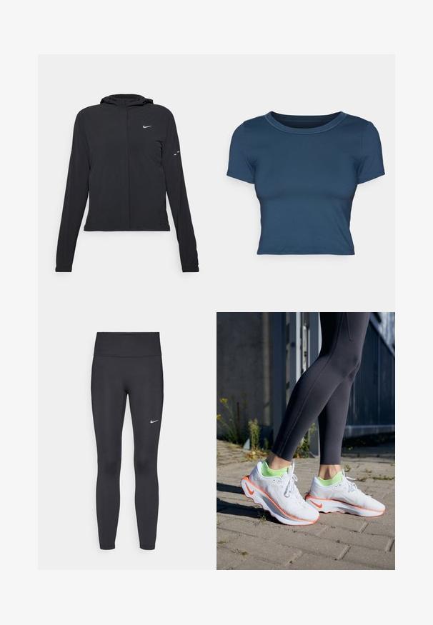 Mustassa hupparissa on pitkät hihat, ja se on valmistettu kevyestä materiaalista. Siinä on edessä vetoketju, Nike-logo ja hillityt muotoiluyksityiskohdat.; Lasku modri skrajšan majica s kratkimi rokavi, izdelana iz gladkega in raztegljivega materiala. Ima okroglo izrezano ovratnik in kratke rokave s preprostimi šivi.; Mustat leggingsit joustavasta kankaasta, joissa on korkea vyötärö ja valkoinen Nike-logo vasemmassa reidessä. Sileä pinta, muotoaan myötäilevä suunnittelu.; Valkoiset urheilukengät, joissa on oranssit yksityiskohdat, teksturoitu päällinen ja neonvihreä sukkavuori, yhdistettyinä mustiin legginsseihin, joissa on yksityiskohtainen ompelu.