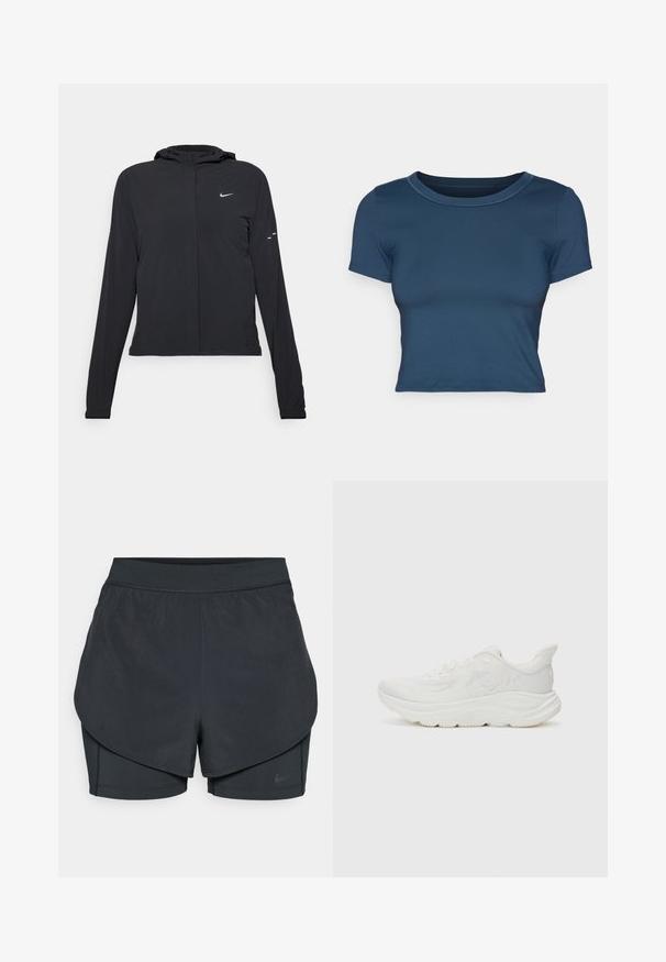 Black hooded jacket with long sleeves, made from lightweight material. Features a front zipper, a Nike logo, and subtle design accents.; Navy blue cropped t-shirt made of smooth, stretchy fabric. Features a round neckline and short sleeves with simple stitching details.; Black athletic shorts with a layered design, featuring a smooth outer layer and fitted inner shorts. Made of lightweight, stretch fabric.; White running shoe with a textured mesh upper, padded collar, thick midsole, and rubber outsole. Features logo detail on the side.
