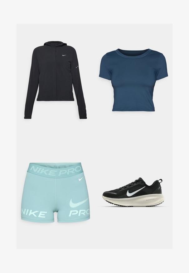 Giacca nera con cappuccio e maniche lunghe, realizzata in materiale leggero. Presenta una zip frontale, il logo Nike e accenti di design sottili.; T-shirt cropped blu navy realizzato in un tessuto liscio e elastico. Presenta un colletto rotondo e maniche corte con semplici dettagli di cucitura.; Corti da donna azzurro chiaro realizzati in tessuto elasticizzato, con una vita larga che presenta il testo e il logo "NIKE PRO" in bianco.; Scarpa da corsa nera Nike con tomaia in rete traspirante, logo Swoosh bianco, dettagli testurizzati e intersuola ZoomX di colore crema.