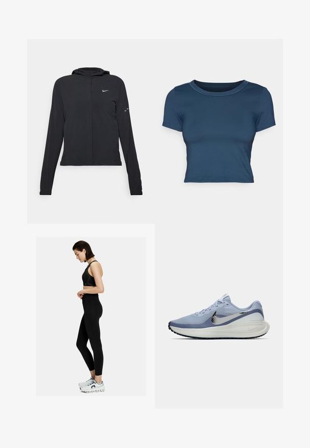 Schwarze Kapuzenjacke mit langen Ärmeln, aus leichtem Material gefertigt. Sie hat einen vorderen Reißverschluss, ein Nike-Logo und dezente Designelemente.; Marineblaues, kurz geschnittenes T-Shirt aus glattem, elastischem Stoff. Verfügt über einen runden Halsausschnitt und kurze Ärmel mit schlichten Nähdetails.; Schwarzer Sport-BH und Leggings mit hoher Taille. Bietet eine glatte Textur und ein figurbetontes Design. Kombiniert mit weißen und grauen Turnschuhen.; Hellblau-weißer Nike-Laufschuh mit silbernem Swoosh, atmungsaktivem Mesh-Obermaterial, gepolstertem Sohlen und schwarzem Außensohlenprofil.