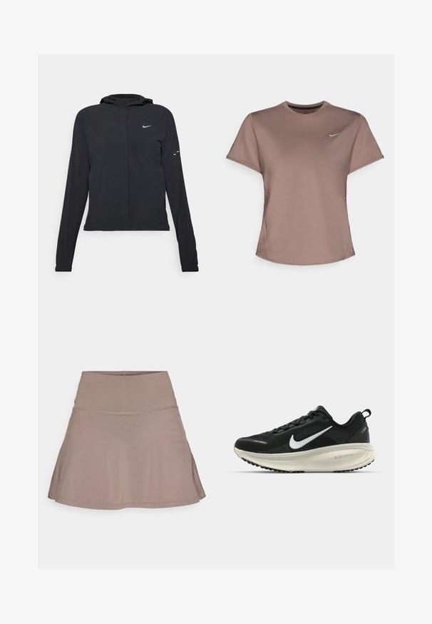 Čierna kapucňová bunda s dlhou rukávou, vyrobená z ľahkého materiálu. Má predný zips, logo Nike a jemné dizajnové akcenty.; Hnedé športové tričko s okrúhlym výstrihom, krátkymi rukávmi a nenápadnými detailmi na boku. Obsahuje malé reflexné logo Nike na hrudi.; Svetlohnedá rozšírená sukňa vyrobená z hladkej, elastickej látky so širokým pásom a čistým prešívaním. Žiadne viditeľné vzory ani kovové súčasti.; Čierne bežecké topánky Nike s priedušnou sieťovinou, bielym logom s symbolom swoosh, textúrovanými detailmi a krémovou ZoomX medzipodrážkou.