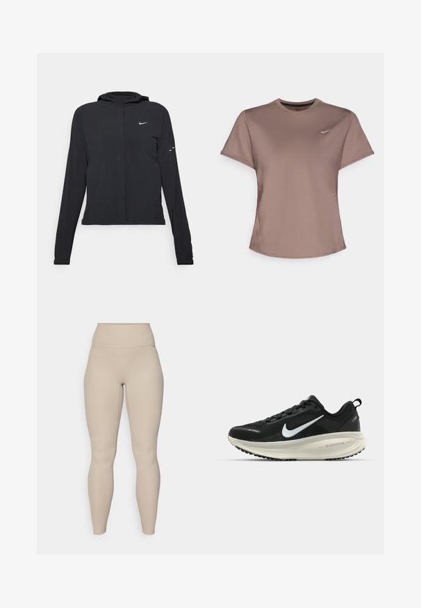 Svart hettegenser med lange ermer, laget av lett materiale. Har glidelås foran, Nike-logo og subtile design detaljer.; Brun treningst-skjorte med rund hals, korte ermer og subtile splitte detaljer på sidene. Har en liten reflekterende Nike-logo på brystet.; Beige høyt liv leggings med ribbet tekstur, med en jevn midjebånd og tettsittende ben, designet for komfort og fleksibilitet.; Svart Nike løpesko med pustende mesh-overdel, hvit swoosh-logo, teksturert detaljer og en kremfarget ZoomX mellomsåle.