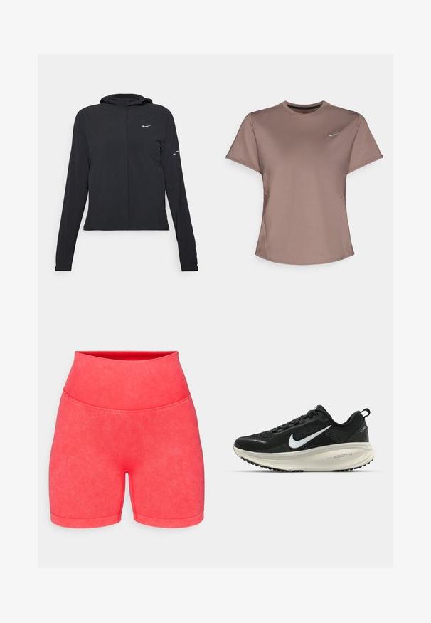 Mustassa hupparissa on pitkät hihat, ja se on valmistettu kevyestä materiaalista. Siinä on edessä vetoketju, Nike-logo ja hillityt muotoiluyksityiskohdat.; Ruskea urheilupaita, jossa on pyöreä kaula-aukko, lyhyet hihat ja huomaamattomat sivureikähdet. Rinnassa on pieni heijastava Nike-logo.; Vaaleanpunaiset urheilushortsit, joissa on korkea vyötärö, valmistettu sileästä ja joustavasta materiaalista. Ominaisuuksina on yksivärisyys ja saumaton muotoilu ilman koristeluja.; Mustat Nike-juoksukengät, joissa on hengittävä verkko-osa, valkoinen swoosh-logo, teksturoitu yksityiskohtaus ja kermaisen värinen ZoomX-välipohja.
