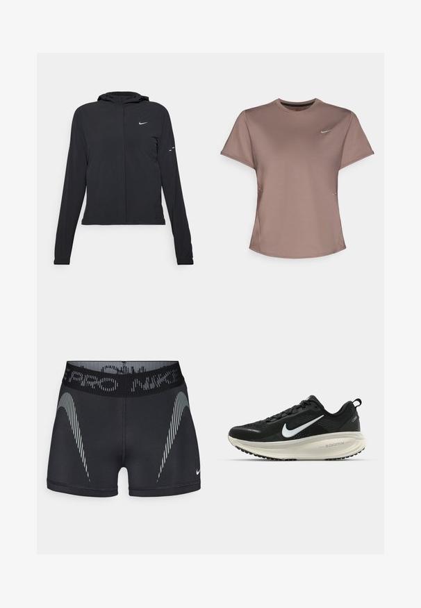 Svart hettegenser med lange ermer, laget av lett materiale. Har glidelås foran, Nike-logo og subtile design detaljer.; Brun treningst-skjorte med rund hals, korte ermer og subtile splitte detaljer på sidene. Har en liten reflekterende Nike-logo på brystet.; Svarte sportshorts laget av fukttransporterende stoff, med en bred elastisk midje med logo og diagonale stripemønstre i grått.; Svart Nike løpesko med pustende mesh-overdel, hvit swoosh-logo, teksturert detaljer og en kremfarget ZoomX mellomsåle.