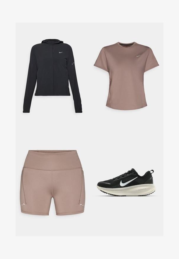 Melnā kapuci jaka ar garām piedurknēm, izgatavota no viegla materiāla. Tam ir priekšējais rāvējslēdzis, Nike logo un smalki dizaina akcenti.; Brūns sporta t-krekls ar apaļu kakla izgriezumu, īsām piedurknēm un smalkiem sānu slīpumiem. Iekļauj nelielu atstarojošu Nike logo uz krūšu daļas.; Brūni, stiept sporta šorti ar augstu jostasvietu, sānu vīlēm un trim baltām akcenta līnijām tuvāk apakšmalai.; Melnas Nike skriešanas kurpes ar elpojošu acs augšdaļu, baltu Swoosh logotipu, strukturētu apdari un krēmkrāsas ZoomX starpsole.