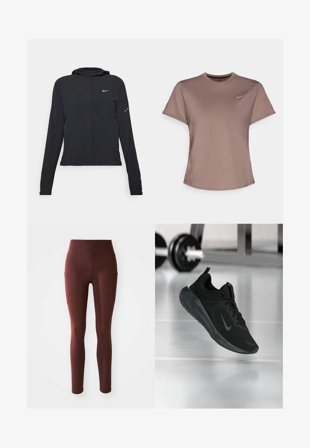 Black hooded jacket with long sleeves, made from lightweight material. Features a front zipper, a Nike logo, and subtle design accents.; Brown athletic t-shirt with a crew neck, short sleeves, and subtle side slit details. Features a small reflective Nike logo on the chest.; Maroon leggings with a high waistband, fitted shape, soft texture, and side pockets for added convenience. Smooth, stretchy fabric.; Black sports sneaker with Nike logo, shown mid-air on gym floor, with blurred dumbbell rack in background.