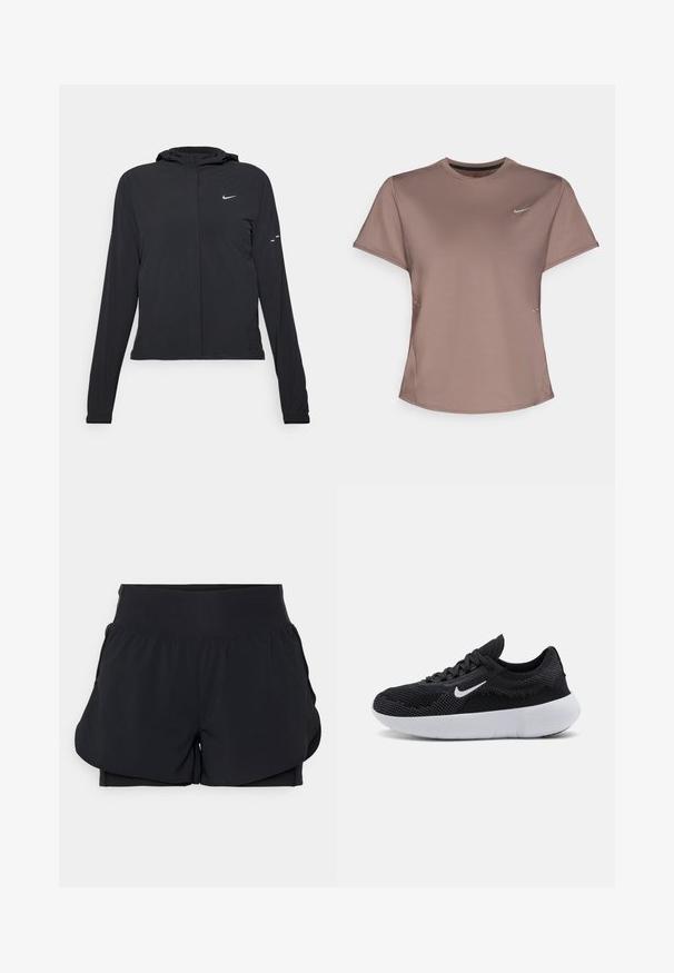 Crna jakna s kapuljačom i dugim rukavima, izrađena od laganog materijala. Ima prednji patentni zatvarač, Nike logo i suptilne dizajnerske detalje.; Smeđa atletska majica kratkih rukava s okruglim izrezom i suptilnim bočnim prorezima. Sadrži mali reflektirajući Nike logo na prsima.; Crne sportske kratke hlače s višeslojnim dizajnom, širokim pojasom i unutarnjom podlogom. Izrađene od glatkog, rastezljivog materijala.; Crna atletska cipela s mrežastim gornjim dijelom, teksturiranim dizajnom, okruglim vrhom, bijelim gumenenim potplatom i Nike logom sa strane.