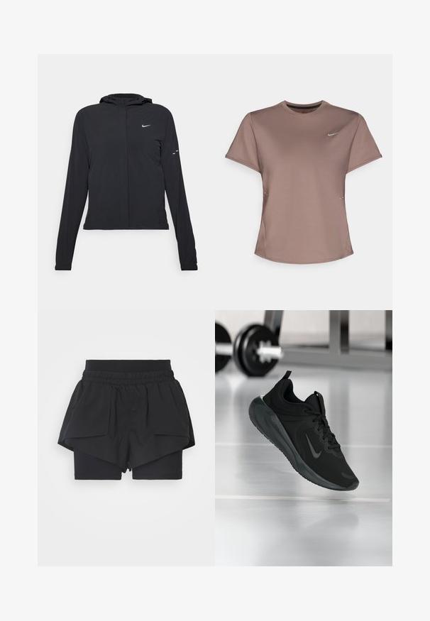 Čierna kapucňová bunda s dlhou rukávou, vyrobená z ľahkého materiálu. Má predný zips, logo Nike a jemné dizajnové akcenty.; Hnedé športové tričko s okrúhlym výstrihom, krátkymi rukávmi a nenápadnými detailmi na boku. Obsahuje malé reflexné logo Nike na hrudi.; Čierne atletické šortky s elastickým pásom, vrstveným dizajnom a dvoma bočnými vreckami; vnútorné šortky sú priliehavé a vyrobené z hladkého materiálu.; Čierne športové tenisky s logom Nike, zobrazené vo vzduchu na podlahe telocvične, s rozmazaným regálom činkami v pozadí.