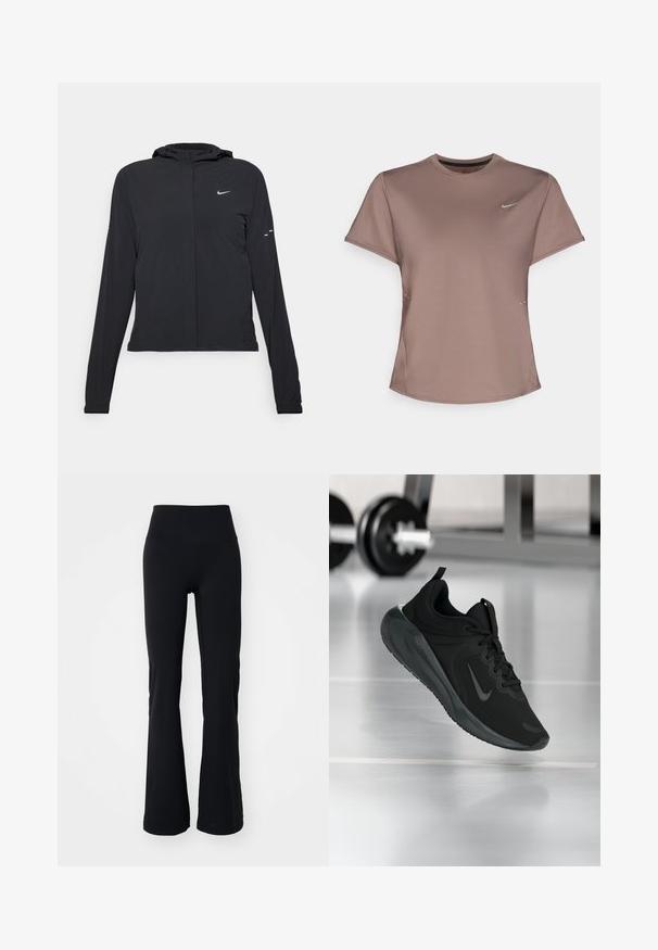 Black hooded jacket with long sleeves, made from lightweight material. Features a front zipper, a Nike logo, and subtle design accents.; Brown athletic t-shirt with a crew neck, short sleeves, and subtle side slit details. Features a small reflective Nike logo on the chest.; Black flared leggings made from stretch fabric, featuring a high waist and a smooth texture with no visible patterns or embellishments.; Black sports sneaker with Nike logo, shown mid-air on gym floor, with blurred dumbbell rack in background.