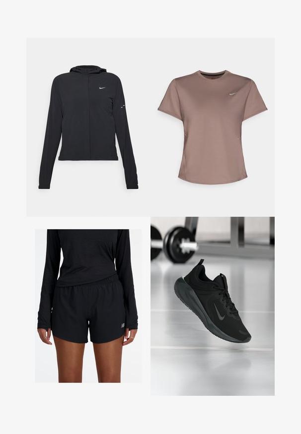 Czarna kurtka z kapturem, z długimi rękawami, wykonana z lekkiego materiału. Posiada zamek błyskawiczny z przodu, logo Nike oraz subtelne akcenty wzornicze.; Brązowa koszulka sportowa z okrągłym dekoltem, krótkimi rękawami i subtelnymi szczelinami po bokach. Zawiera małe odblaskowe logo Nike na piersi.; Czarne spodenki sportowe z elastycznym pasem i odbijającym logo. Materiał wydaje się lekki i gładki, z luźnym krojem.; Czarny sportowy sneaker z logo Nike, pokazany w powietrzu na podłodze siłowni, z rozmytym regałem z hantlami w tle.
