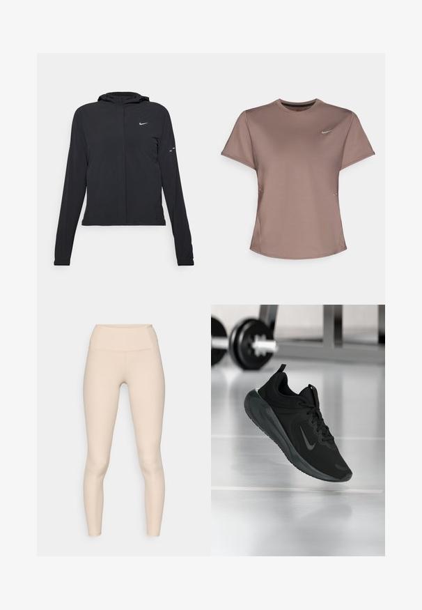 Czarna kurtka z kapturem, z długimi rękawami, wykonana z lekkiego materiału. Posiada zamek błyskawiczny z przodu, logo Nike oraz subtelne akcenty wzornicze.; Brązowa koszulka sportowa z okrągłym dekoltem, krótkimi rękawami i subtelnymi szczelinami po bokach. Zawiera małe odblaskowe logo Nike na piersi.; Beżowe ribbed legginsy z wysokim stanem. Charakteryzują się gładką teksturą i dopasowanym krojem, bez widocznych szwów lub logo.; Czarny sportowy sneaker z logo Nike, pokazany w powietrzu na podłodze siłowni, z rozmytym regałem z hantlami w tle.