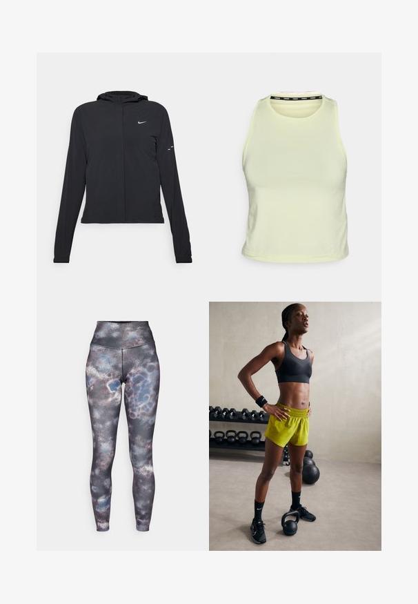 Mustassa hupparissa on pitkät hihat, ja se on valmistettu kevyestä materiaalista. Siinä on edessä vetoketju, Nike-logo ja hillityt muotoiluyksityiskohdat.; Vaaleankeltainen hihaton crop-top, joka on valmistettu pehmeästä materiaalista. Siinä on pyöreä kaula-aukko ja musta brändätty yksityiskohta sisäkauluksessa.; Kohokohdatut legginssit, joissa on monivärinen kuosi harmaasta, sinisestä ja valkoisesta. Valmistettu venyvästä kankaasta, jossa on teksturoitu pinta ja tasaiset saumat.; Musta urheiluliivi, kirkkaat keltaiset shortsit, joissa on joustava vyötärö, mustat urheilu-kengät ja rannetuet, seisomassa kettlebellien vieressä.