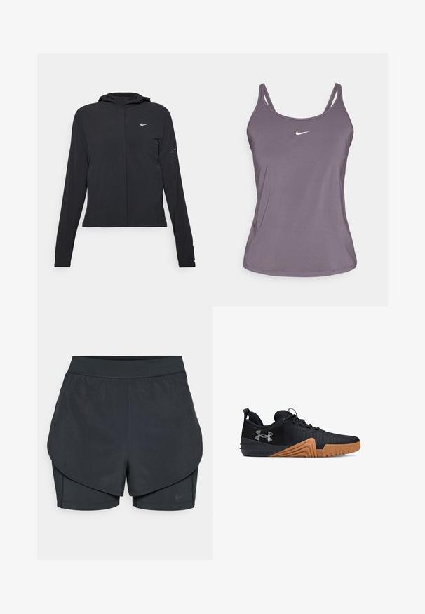 Casaco preto com capuz e mangas longas, feito de material leve. Apresenta um fecho dourado na frente, um logótipo da Nike e detalhes de design subtis.; Top de desporto roxo com alças finas e decote redondo, apresentando um pequeno logo da Nike em branco no peito. Textura suave.; Calções desportivos pretos com um design em camadas, apresentando uma camada exterior suave e calções interiores ajustados. Feitos de um tecido leve e elástico.; Ténis atléticos pretos com um material texturizado, sola de borracha em tons de castanho com padrões de aderência e um logótipo em contraste de lado.