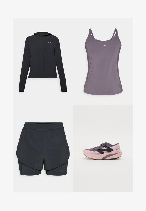 Black hooded jacket with long sleeves, made from lightweight material. Features a front zipper, a Nike logo, and subtle design accents.; Purple athletic tank top with thin straps and a round neckline, featuring a small white Nike logo on the chest. Smooth texture.; Black athletic shorts with a layered design, featuring a smooth outer layer and fitted inner shorts. Made of lightweight, stretch fabric.; Lightweight running shoe with a pink and purple gradient design. Features breathable mesh upper, black accents, and cushioned sole.