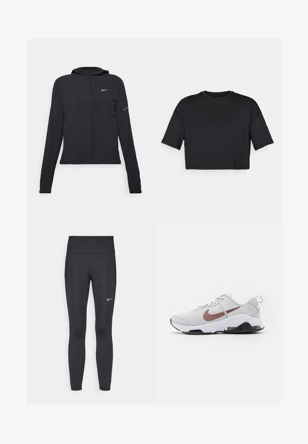 Giacca nera con cappuccio e maniche lunghe, realizzata in materiale leggero. Presenta una zip frontale, il logo Nike e accenti di design sottili.; T-shirt nero cropped realizzato in tessuto morbido, con scollatura rotonda e maniche corte e larghe, dal design semplice e senza cuciture.; Leggings neri realizzati in tessuto elasticizzato, con una vita alta e un logo Nike bianco sulla coscia sinistra. Tessuto liscio, design aderente.; Nike Performance ZOOM BELLA 6 - Scarpe da allenamento - photon dust/smokey mauve/white/black