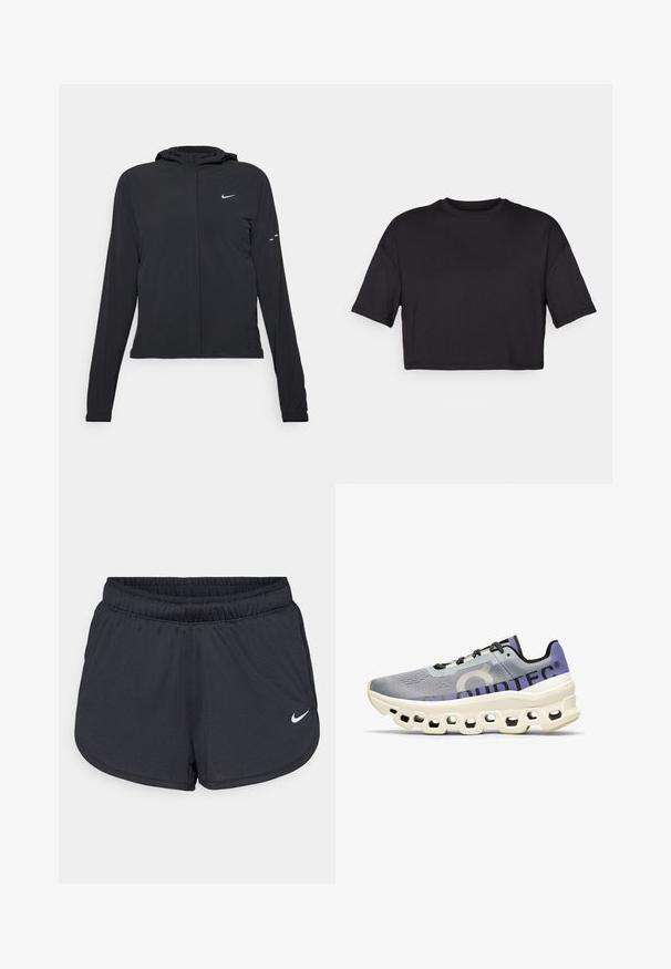 Must musta kapuutsiga jakk, millel on pikad varrukad ja mis on valmistatud kergetest materjalidest. Omab esitaskut, Nike logo ja kergelt silmatorkavaid disainiaktsente.; Must must blouse pehmeast kangast, ümarate kaelustega ja lühikeste, laiemate varrukatega, millel on lihtne, õmblusteta disain.; Mustad mustikud mustad lühikesed püksid, mis on valmistatud kerge ja hingava kangaga. Omab elastset vööd ja valget Nike logo alumises paremas nurgas.; On CLOUDMONSTER - Maanteejooksu jalatsid - mist blueberry