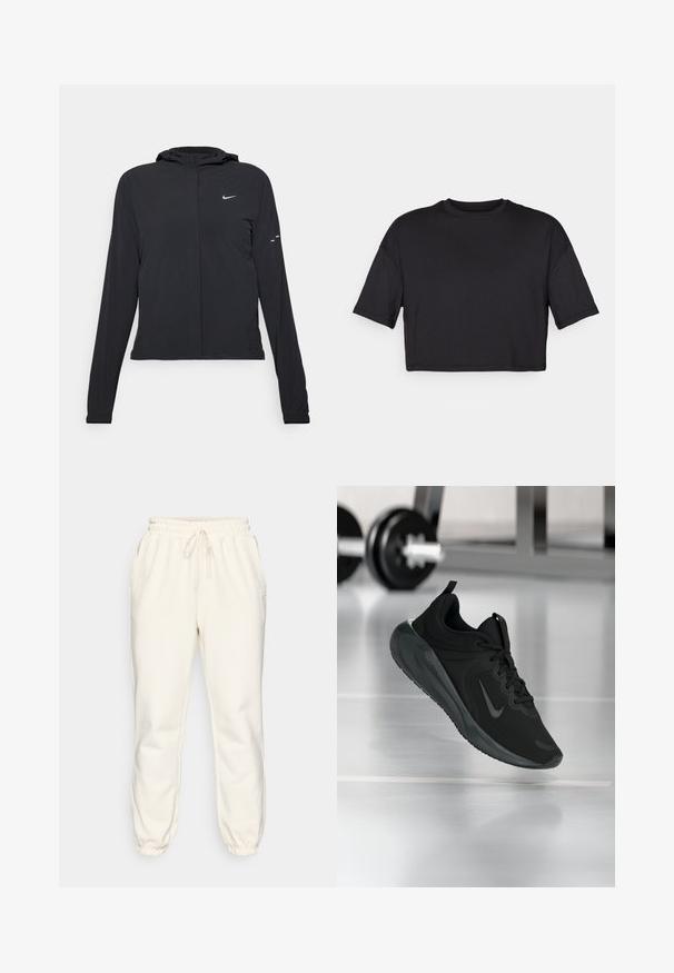 Schwarze Kapuzenjacke mit langen Ärmeln, aus leichtem Material gefertigt. Sie hat einen vorderen Reißverschluss, ein Nike-Logo und dezente Designelemente.; Schwarzes, kurzes T-Shirt aus weichem Stoff, mit einem runden Ausschnitt und kurzen, weiten Ärmeln, in einem schlichten, nahtlosen Design.; Cremfarbene Jogginghose aus weichem Stoff, mit einem elastischen Bund und Kordelzug, seitlichen Taschen und schmal zulaufenden Bündchen an den Knöcheln.; Schwarzer Sportsneaker mit Nike-Logo, mid-air über dem Boden des Fitnessstudios, mit unscharfem Hantelregal im Hintergrund.