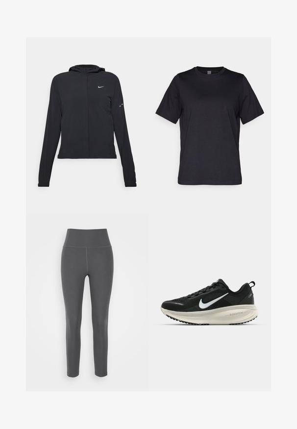 Jachetă neagră cu glugă, cu mâneci lungi, fabricată din material ușor. Dispune de un fermoar frontal, un logo Nike și accente de design subtile.; Tricou negru din bumbac, cu mâneci scurte, guler rotund și un design simplu. Textură netedă și croială dreaptă la margine.; Leggings griș cu talie înaltă, fabricate dintr-un material elastic, neted, cu cusături plate și un design ajustat, potrivite pentru activități sportive sau purtare casuală.; Pantofii de alergare negri de la Nike, cu parte superioară din plasă respirabilă, logo-ul alb Swoosh, detalii texturate și o talpă intermediară ZoomX de culoare crem.