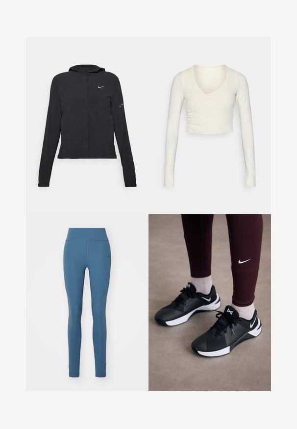 Czarna kurtka z kapturem, z długimi rękawami, wykonana z lekkiego materiału. Posiada zamek błyskawiczny z przodu, logo Nike oraz subtelne akcenty wzornicze.; Długi rękaw, kremowy crop top z dekoltem w kształcie v i marszczoną stroną, wykonany z elastycznej tkaniny dla dopasowanego wyglądu.; Legginsy w średnim odcieniu niebieskiego, wykonane z gładkiego, elastycznego materiału. Wysoki stan, wzmocnione szwy oraz subtelne akcenty geometryczne.; Czarne buty sportowe z fakturowaną cholewką i białymi akcentami, ze sznurówkami i logo z boku. Ubrane z bordowymi legginsami i jasnymi skarpetkami.