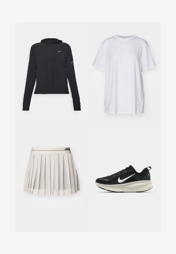 Sort hættetrøje med lange ærmer, lavet af letvægtsmateriale. Har en frontlynlås, et Nike-logo og subtile designaccenter.; Hvid oversized t-shirt lavet af bomuld, med rund halsudskæring, korte ærmer og sideslids for en afslappet pasform. Glat tekstur.; Plisseret, lysegrå nederdel lavet af perforeret stof med en elastisk talje med et logo. Designet til åndbarhed og komfort.; Sort Nike løbesko med åndbart mesh-overdel, hvidt swoosh-logo, tekstureret detaljering og en cremede ZoomX mellemsål.