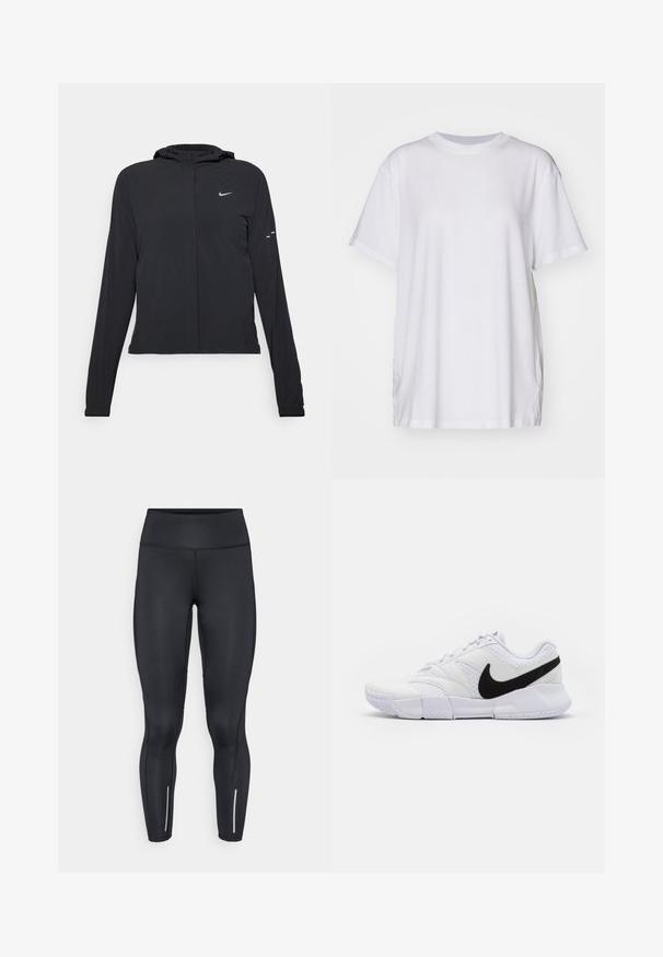 Sort hættetrøje med lange ærmer, lavet af letvægtsmateriale. Har en frontlynlås, et Nike-logo og subtile designaccenter.; Hvid oversized t-shirt lavet af bomuld, med rund halsudskæring, korte ærmer og sideslids for en afslappet pasform. Glat tekstur.; Sorte leggings lavet af strækbart materiale med høj talje, der har reflekterende detaljer nær anklerne og en glat overflade.; Hvid atletiksko med en tekstureret læderoverdel, et sort swoosh-logo og en polstret krave. Har en gummisål til greb.