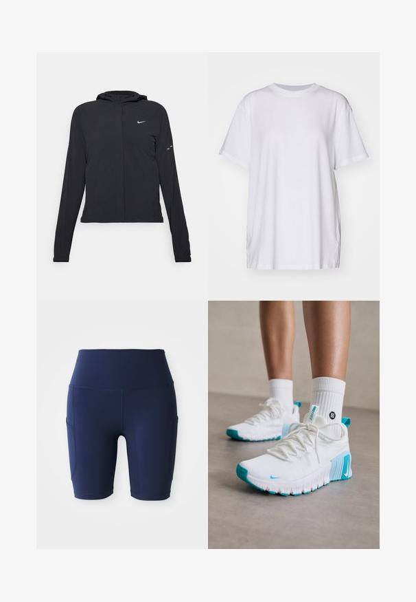 Sort hættetrøje med lange ærmer, lavet af letvægtsmateriale. Har en frontlynlås, et Nike-logo og subtile designaccenter.; Hvid oversized t-shirt lavet af bomuld, med rund halsudskæring, korte ærmer og sideslids for en afslappet pasform. Glat tekstur.; Mørkeblå, højttaljede cykelshorts lavet af strækbart, glat stof; har sidelommer og en tætsiddende design.; Hvide sportssko med turkise detaljer, struktureret overdel, fleksibel sål og snørebånd. Båret med hvide ankelsokker.
