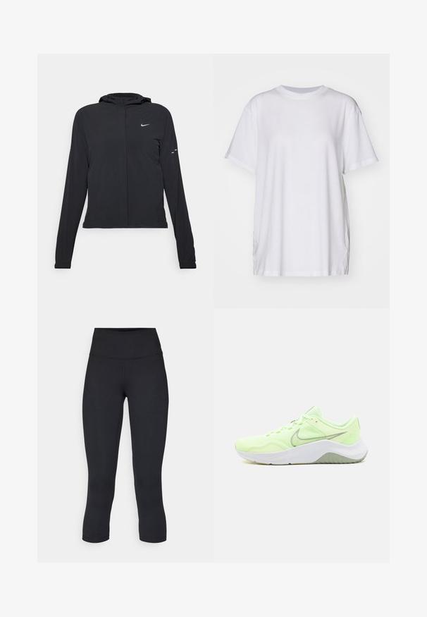 Crna jakna s kapuljačom i dugim rukavima, izrađena od laganog materijala. Ima prednji patentni zatvarač, Nike logo i suptilne dizajnerske detalje.; Bjela oversized majica od pamuka, s krojem oko vrata, kratkim rukavima i bočnim prorezima za opušteni izgled. Glatka tekstura.; Crne skraćene tajice od rastezljivog materijala, s visokim strukom i glatkom teksturom, bez vidljivih uzoraka ili dodataka.; Nike Performance LEGEND ESSENTIAL 3 - Tenisice za trening - barely volt/olive aura/jade horizon