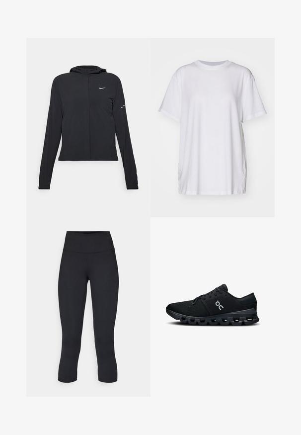 Veste à capuche noire avec des manches longues, fabriquée en matériau léger. Elle comporte une fermeture éclair à l'avant, un logo Nike et des accents de design subtils.; T-shirt blanc oversize en coton, avec un col rond, des manches courtes et des fentes sur les côtés pour un ajustement décontracté. Texture lisse.; Leggings noirs coupés en tissu extensible, avec une taille haute et une texture lisse, sans motifs ni éléments visibles.; Baskets de sport noires avec une tige en mesh respirant, au design élégant, et une semelle rembourrée présentant un motif de traction segmenté unique.