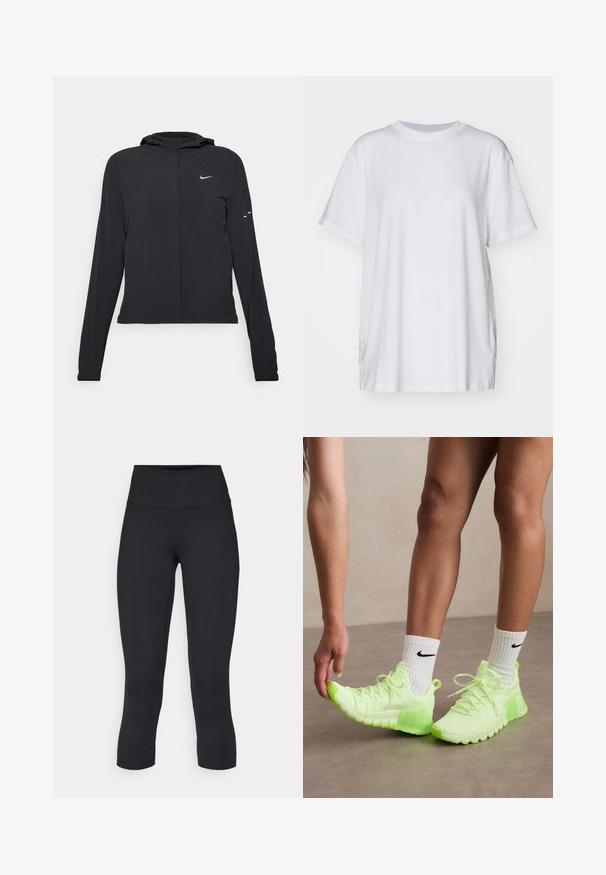 Juodas gobtuvas striukė su ilgomis rankovėmis, pagaminta iš lengvo audinio. Pasižymi priekiniais užtrauktukais, Nike logotipu ir subtiliais dizaino akcentais.; Balta per didelė medvilninė marškinėlių, su apvalia iškirpte, trumpomis rankovėmis ir šoninėmis praplatinimų detalėmis, užtikrinančiomis komfortišką prigludimą. Sklandus paviršius.; Juodos apkarpytos legginsai, pagaminti iš tamprios medžiagos, su aukšta juosmens linija ir glotnia tekstūra, be matomų raštų ar detalių.; Neon žalios sportinės bateliai su tekstūruota padu, raištelių dizainu ir baltu Nike logotipu šone. Dėvimi su baltais kojiniais, turinčiais juodus akcentus.
