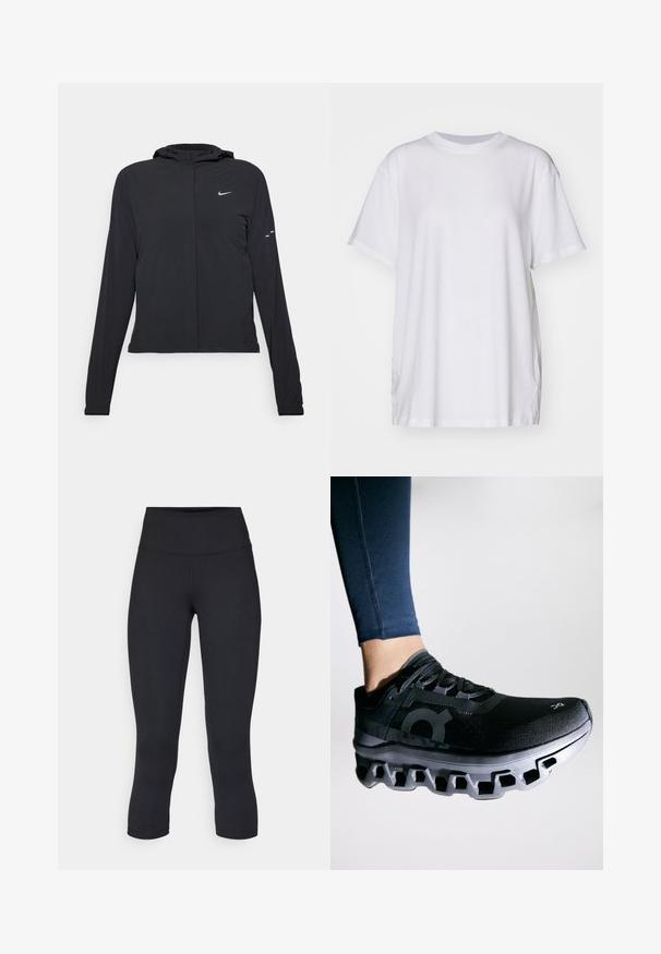 Jachetă neagră cu glugă, cu mâneci lungi, fabricată din material ușor. Dispune de un fermoar frontal, un logo Nike și accente de design subtile.; Tricou alb supradimensionat din bumbac, cu guler rotund, mâneci scurte și slituri laterale pentru o croială lejeră. Textură fină.; Leggings negre scurte, fabricate dintr-un material elastic, având o talie înaltă și o textură netedă, fără modele sau accesorii vizibile.; Pantofii de alergare negri cu un superior texturat și o talpă intermediară distinctivă ce prezintă un design segmentat unic. Accentuati cu un logo pe lateral.