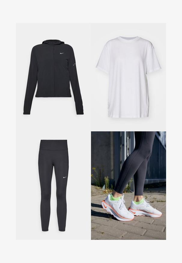 Černá kapucňová bunda s dlouhými rukávy, vyrobená z lehkého materiálu. Obsahuje přední zip, logo Nike a decentní designové akcenty.; Bílé oversized tričko vyrobené z bavlny, s kulatým výstřihem, krátkými rukávy a bočními rozparky pro uvolněný střih. Hladká textura.; Černé legíny vyrobené z elastického materiálu, s vysokým pasem a bílým logem Nike na levém stehně. Hladká textura, přiléhavý střih.; Bílé sportovní boty s oranžovými akcenty, texturovaným svrškem a neonově zeleným podšitím, spárované s černými legínami s detailním prošíváním.