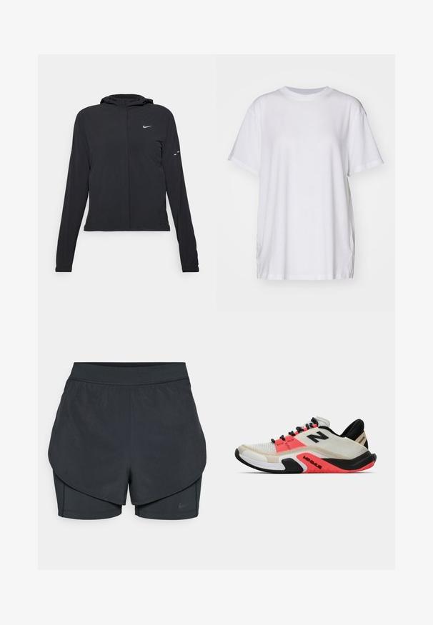 Crna jakna s kapuljačom i dugim rukavima, izrađena od laganog materijala. Ima prednji patentni zatvarač, Nike logo i suptilne dizajnerske detalje.; Bjela oversized majica od pamuka, s krojem oko vrata, kratkim rukavima i bočnim prorezima za opušteni izgled. Glatka tekstura.; Crne atletske kratke hlače s višeslojnim dizajnom, koje sadrže glatki vanjski sloj i uske unutarnje hlače. Izrađene od lagane, rastezljive tkanine.; New Balance MINIMUS TR - Tenisice za trening - sea salt