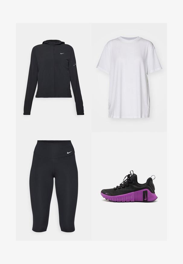 Crna jakna s kapuljačom i dugim rukavima, izrađena od laganog materijala. Ima prednji patentni zatvarač, Nike logo i suptilne dizajnerske detalje.; Bjela oversized majica od pamuka, s krojem oko vrata, kratkim rukavima i bočnim prorezima za opušteni izgled. Glatka tekstura.; Nike crne capri tajice imaju visok pojas, glatku rastezljivu tkaninu i suptilnu oznaku s prednje strane.; Crne atletske cipele s teksturiranim gornjim dijelom od tkanine, ljubičastom gumenenom potplatom i debelim uzorkom za prianjanje. Imaju vezice i mali Nike logo.