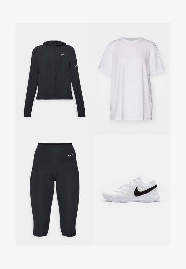 Casaco preto com capuz e mangas longas, feito de material leve. Apresenta um fecho dourado na frente, um logótipo da Nike e detalhes de design subtis.; Camiseta oversized branca feita de algodão, com decote redondo, mangas curtas e rachas laterais para um ajuste descontraído. Textura suave.; As calças capri pretas da Nike apresentam uma cintura alta, um tecido elástico suave e um detalhe sutil do logo na frente.; Sapatilha desportiva branca com um cabedal em pele texturizada, um logo swoosh preto e um colarinho almofadado. Conta com uma sola de borracha para aderência.