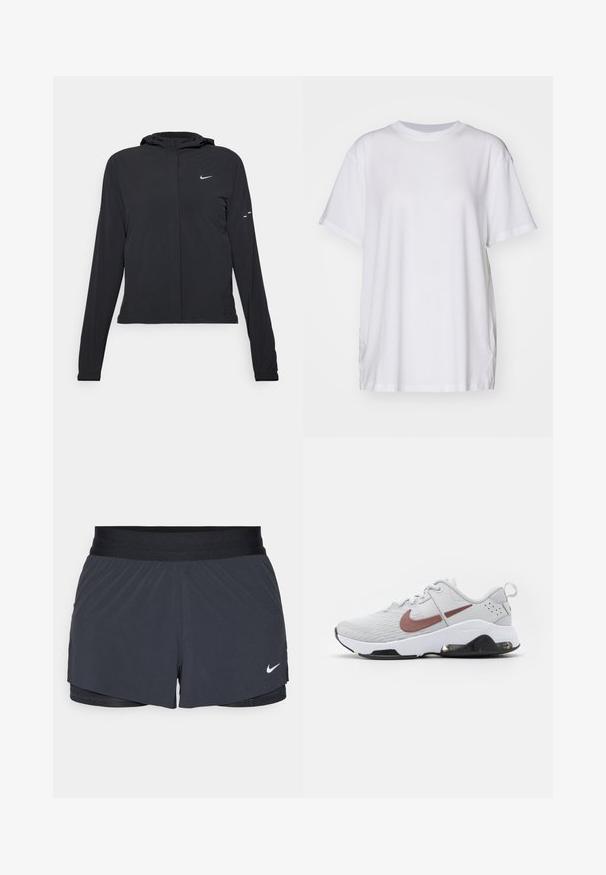 Črna kapuča s dolgimi rokavi, izdelana iz lahkega materiala. Ima sprednji zadrgo, logotip Nike in subtilne oblikovne detajle.; Bela prevelika majica iz bombaža, s krojem okruglog izreza, kratkimi rukavi in stranskimi razporki za sproščen fit. Gladka tekstura.; Črne atletske kratke hlače z elastičnim pasom, ki imajo plastičen dizajn in majhen bel Nike logotip na spodnji levi strani. Lahkoten material.; Nike Performance ZOOM BELLA 6 - Trening copati - photon dust/smokey mauve/white/black