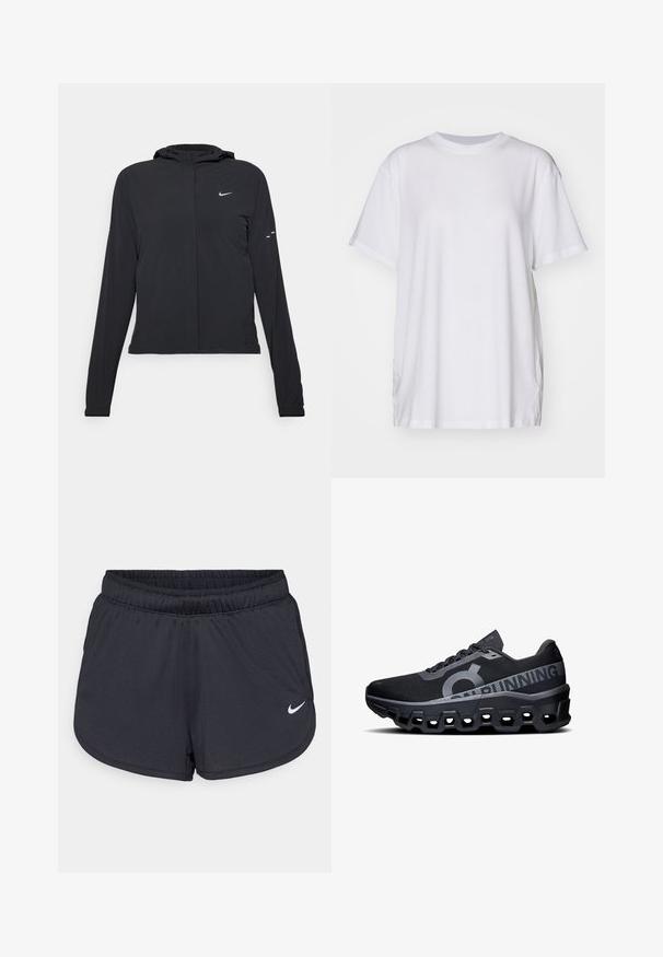 Must musta kapuutsiga jakk, millel on pikad varrukad ja mis on valmistatud kergetest materjalidest. Omab esitaskut, Nike logo ja kergelt silmatorkavaid disainiaktsente.; Valge suuruses T-särk, mis on valmistatud puuvillast, millel on ümmargune kaelus, lühikesed varrukad ja külgmised lõhenemised mugava istuvuse tagamiseks. Sile tekstuur.; Mustad mustikud mustad lühikesed püksid, mis on valmistatud kerge ja hingava kangaga. Omab elastset vööd ja valget Nike logo alumises paremas nurgas.; Mustad must jooksujalatsid tekstuurse võrkkattega, millel on silmapaistev logo ja peegeldavad aktsendid. Paksem vahtpeti, millel on kuusnurksete lõigetega tallad.