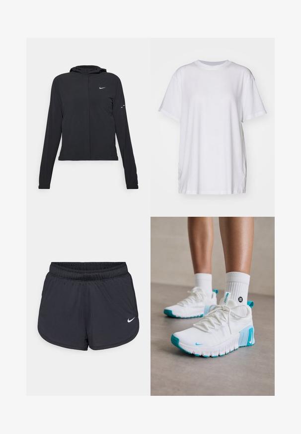 Sort hættetrøje med lange ærmer, lavet af letvægtsmateriale. Har en frontlynlås, et Nike-logo og subtile designaccenter.; Hvid oversized t-shirt lavet af bomuld, med rund halsudskæring, korte ærmer og sideslids for en afslappet pasform. Glat tekstur.; Sorte atletikshorts med elastisk talje, med et sporty design og en hvid Nike-logo på den nederste front. Tekstureret stof.; Hvide sportssko med turkise detaljer, struktureret overdel, fleksibel sål og snørebånd. Båret med hvide ankelsokker.