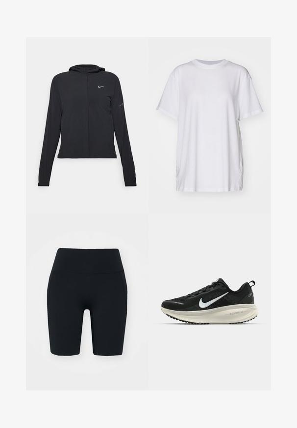 Juodas gobtuvas striukė su ilgomis rankovėmis, pagaminta iš lengvo audinio. Pasižymi priekiniais užtrauktukais, Nike logotipu ir subtiliais dizaino akcentais.; Balta per didelė medvilninė marškinėlių, su apvalia iškirpte, trumpomis rankovėmis ir šoninėmis praplatinimų detalėmis, užtikrinančiomis komfortišką prigludimą. Sklandus paviršius.; Juoda aukšto liemens dviratininkų šortai, pagaminti iš tamprios medžiagos su lygiu paviršiumi, su šoninėmis kišenėmis ir prigludusia forma.; Juodas Nike sportinis batelis su kvėpuojančiu tinklu, baltu swoosh logotipu, tekstūruoto dizaino detalėmis ir grietinėlės spalvos ZoomX viduriu.