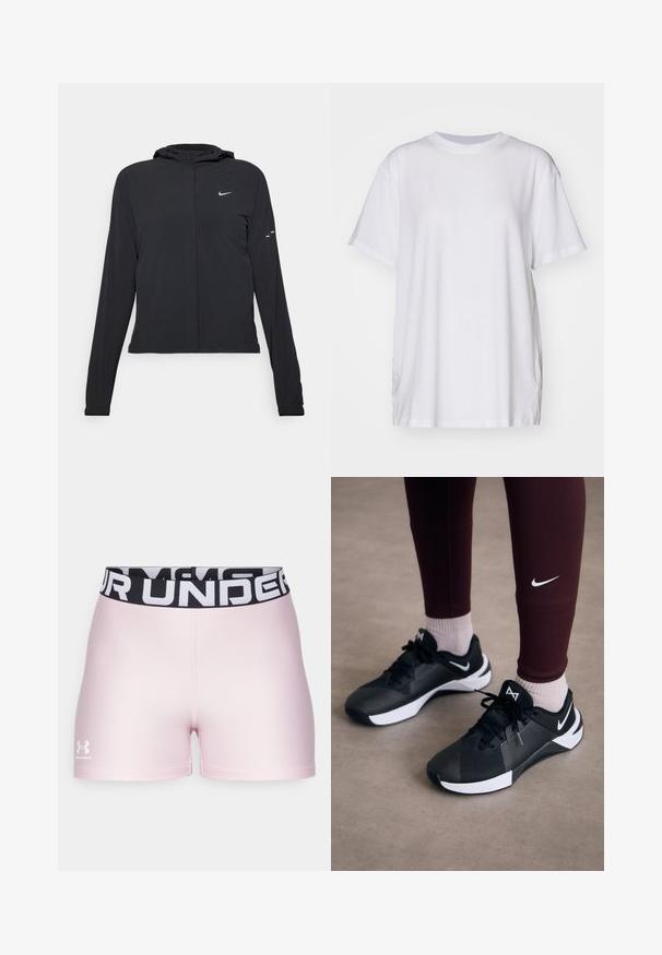 Črna kapuča s dolgimi rokavi, izdelana iz lahkega materiala. Ima sprednji zadrgo, logotip Nike in subtilne oblikovne detajle.; Bela prevelika majica iz bombaža, s krojem okruglog izreza, kratkimi rukavi in stranskimi razporki za sproščen fit. Gladka tekstura.; Roza športna kratka hlače iz gladkega materiala z črnim elastičnim pasom, ki ima bel napis "UNDER ARMOUR". Logo na spodnjem levem delu.; Črne športne čevlje z teksturirano zgornjimi deli in belimi akcenti, vključno z vezalkami in logotipom na strani. Oblečene z maroon legicami in svetlimi nogavicami.