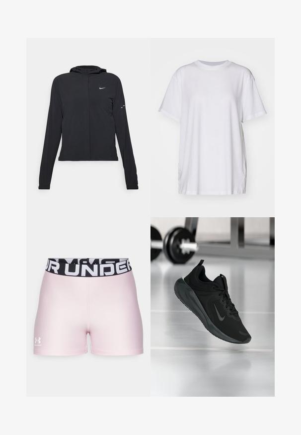 Čierna kapucňová bunda s dlhou rukávou, vyrobená z ľahkého materiálu. Má predný zips, logo Nike a jemné dizajnové akcenty.; Biele oversized tričko vyrobené z bavlny, s okrúhlym výstrihom, krátkymi rukávmi a bočnými rozparkami pre voľný strih. Hladká textúra.; Ružové športové šortky vyrobené z hladkého materiálu s čiernym elastickým pásom, na ktorom je biely text "UNDER ARMOUR". Logo je umiestnené v dolnom ľavom rohu.; Čierne športové tenisky s logom Nike, zobrazené vo vzduchu na podlahe telocvične, s rozmazaným regálom činkami v pozadí.