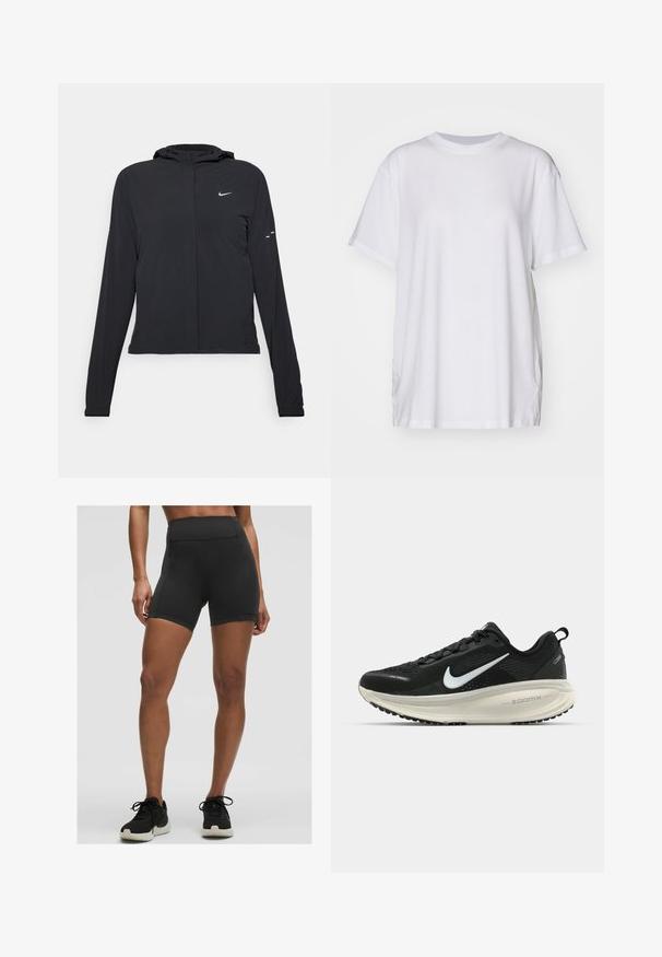 Fekete kapucnis dzseki hosszú ujjakkal, könnyű anyagból készült. Elülső cipzárral, Nike logóval és diszkrét dizájn elemekkel rendelkezik.; Fehér, nagyméretű pamut póló, kerek nyakkivágással, rövid ujjakkal és oldalsó hasítékokkal a laza illeszkedés érdekében. Simma textúra.; Magas derekú fekete sportnadrág elasztikus anyagból, sima textúrával és tiszta varrással, tökéletes edzéshez.; Fekete Nike futócipő légáteresztő hálós felsőrésszel, fehér Swoosh logóval, textúrázott részletekkel és krém színű ZoomX középtalppal.