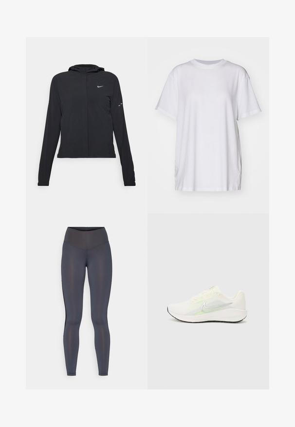 Casaco preto com capuz e mangas longas, feito de material leve. Apresenta um fecho dourado na frente, um logótipo da Nike e detalhes de design subtis.; Camiseta oversized branca feita de algodão, com decote redondo, mangas curtas e rachas laterais para um ajuste descontraído. Textura suave.; Leggings em cinza carvão, com uma cintura alta, textura suave, design ajustado e detalhes nas costuras laterais em uma cor contrastante.; Nike Performance DOWNSHIFTER 13 - Sapatos para corrida em estrada - sail/silver-coloured photon dust/summit white/barely volt/black