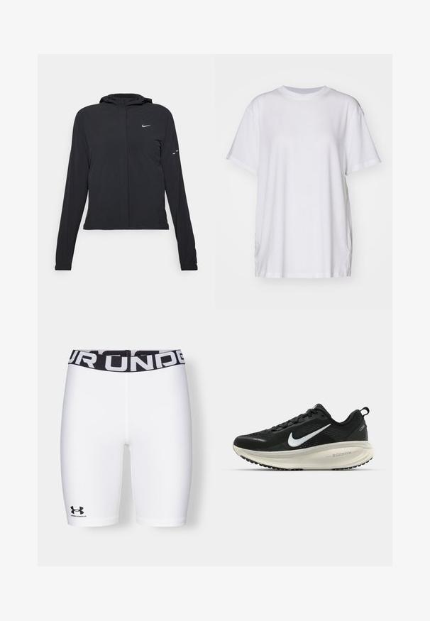 Schwarze Kapuzenjacke mit langen Ärmeln, aus leichtem Material gefertigt. Sie hat einen vorderen Reißverschluss, ein Nike-Logo und dezente Designelemente.; Weißes, übergroßes T-Shirt aus Baumwolle mit Rundhalsausschnitt, kurzen Ärmeln und seitlichen Schlitzen für eine entspannte Passform. Glatte Textur.; Under Armour AUTHENTICS SHORT - Tights - white/black; Schwarzer Nike-Laufschuh mit atmungsaktivem Mesh-Obermaterial, weißem Swoosh-Logo, strukturierten Details und einer cremefarbenen ZoomX-Zwischensohle.