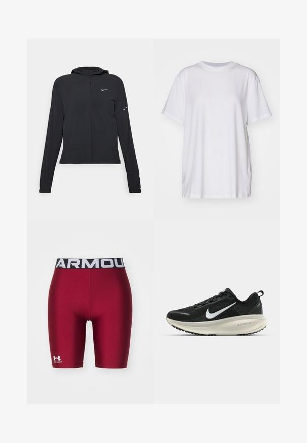 Mustassa hupparissa on pitkät hihat, ja se on valmistettu kevyestä materiaalista. Siinä on edessä vetoketju, Nike-logo ja hillityt muotoiluyksityiskohdat.; Valkoinen ylisuuri t-paita, joka on valmistettu puuvillasta. Paitassa on pyöreä kaula-aukko, lyhyet hihat ja sivuhalkiot, jotka tarjoavat rentoa istuvuutta. Silkkinen rakenne.; Punaiset puristusshortsit, joissa on musta elastinen vyötärö ja valkoinen "ARMOUR"-teksti sekä Under Armourn logo vasemmassa alakulmassa.; Mustat Nike-juoksukengät, joissa on hengittävä verkko-osa, valkoinen swoosh-logo, teksturoitu yksityiskohtaus ja kermaisen värinen ZoomX-välipohja.